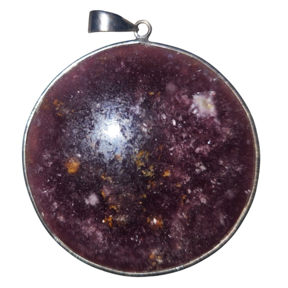 Lepidolite Crystal Pendant Large Round Purple Stone Silver Tone Statement Charm